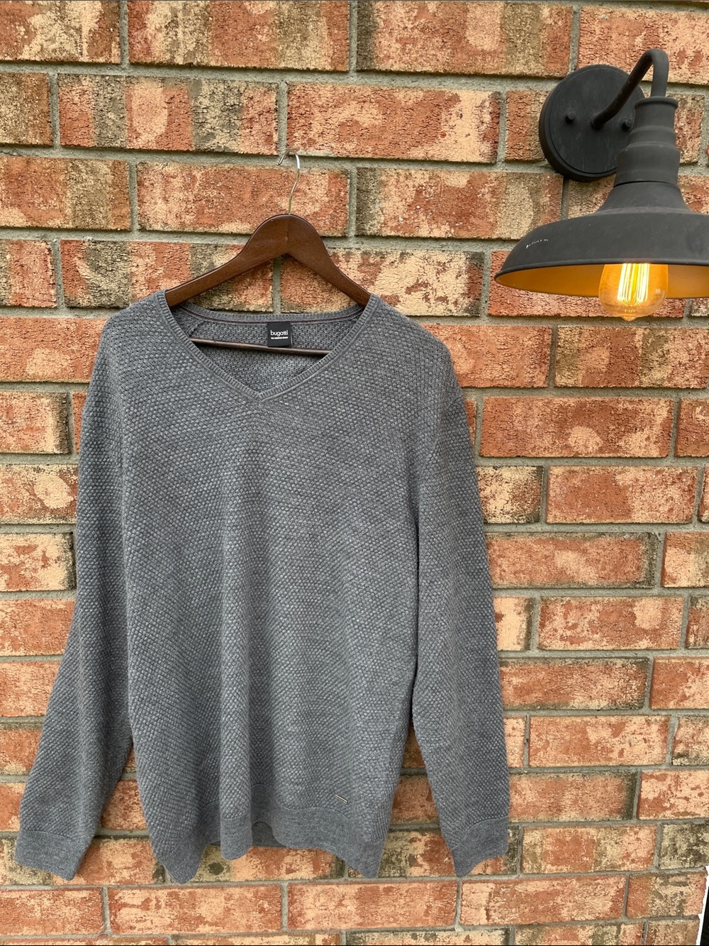 Bugatti Men's Charcoal Gray V-Neck Textured Knit Sweater
